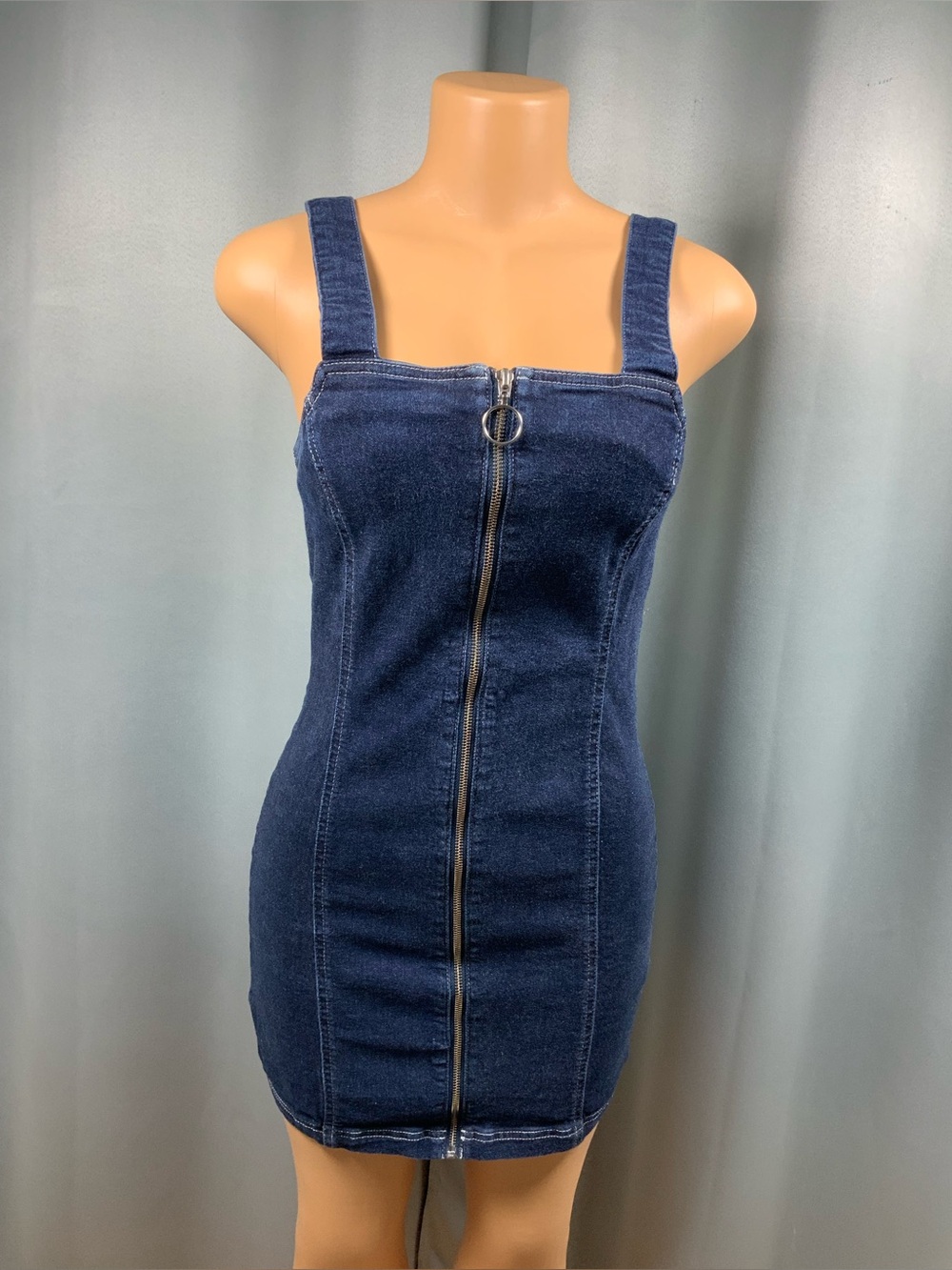 Topshop Denim Mini Dress Size 6 Zip Front Fitted Stretch